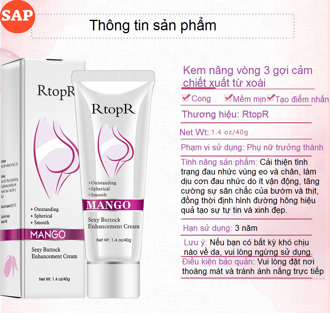 Kem nở mông, nở mông, làm trắng và nở mông [Rtop] Giúp mông săn chắc và đường cong chiết xuất từ ​​xoài hiệu quả.